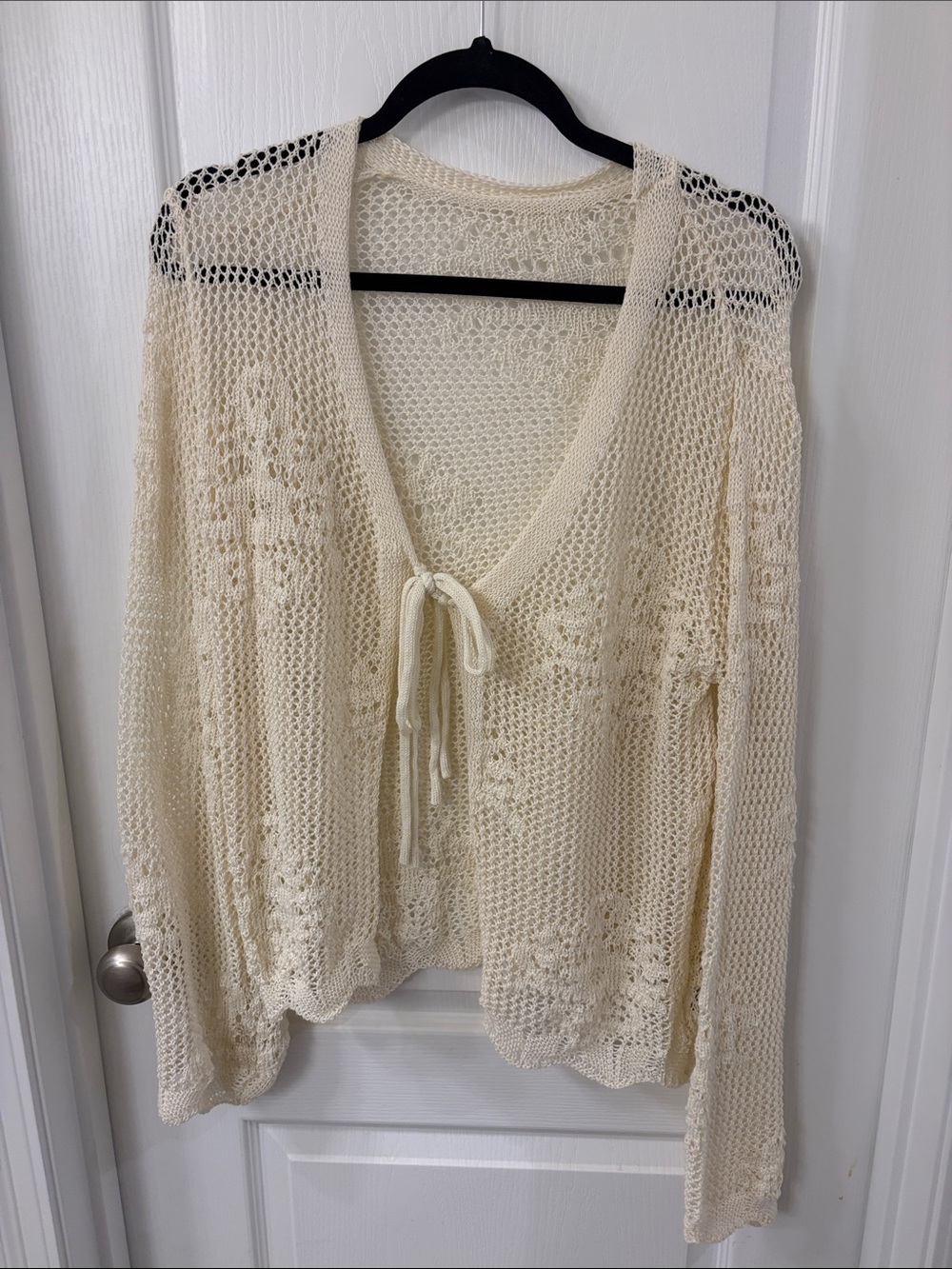 SHEIN Cream Open-Knit V-Neck Tie-Front Sweater